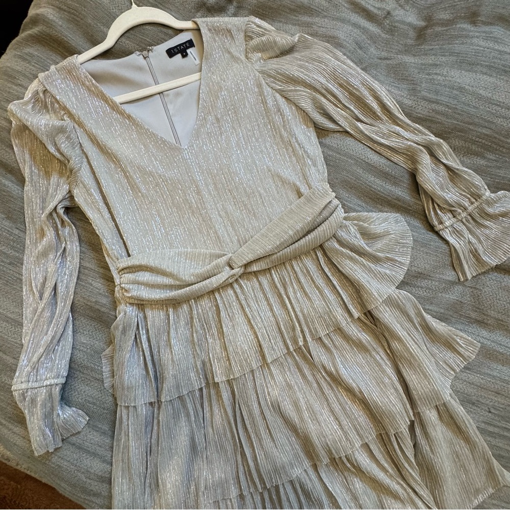 STATE Shimmering Silver Long Sleeve Dress